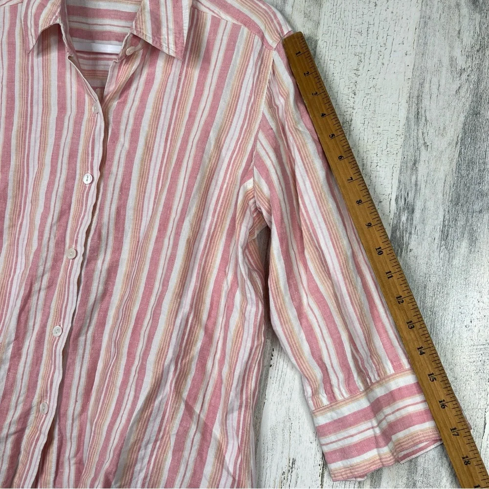 Saint Tropez West 100% Linen Shirt‎ Women's M Pink White Striped Coastal Grandma